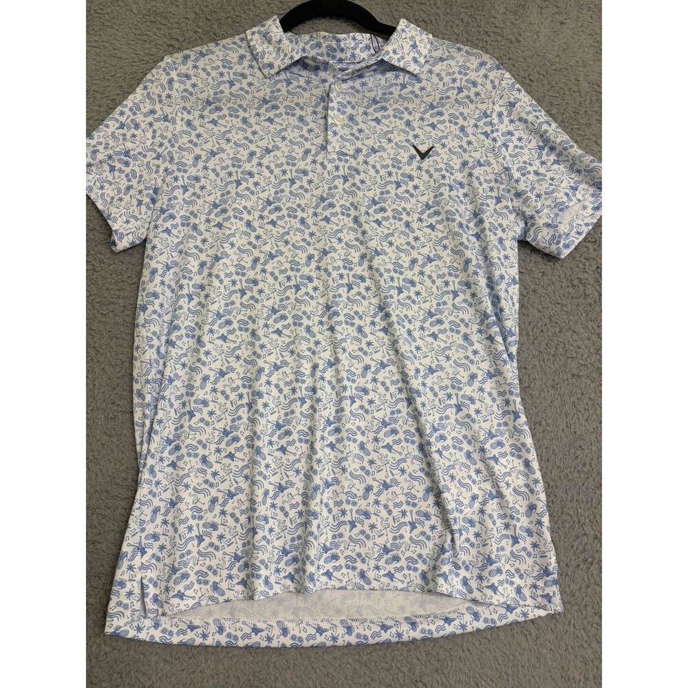 Callaway Boys' Tropical Music Allover Print Polo Shirt NWT White Blue YXL 18/20